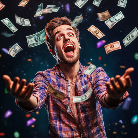 Young man with money flying in the air on a dark background.の素材