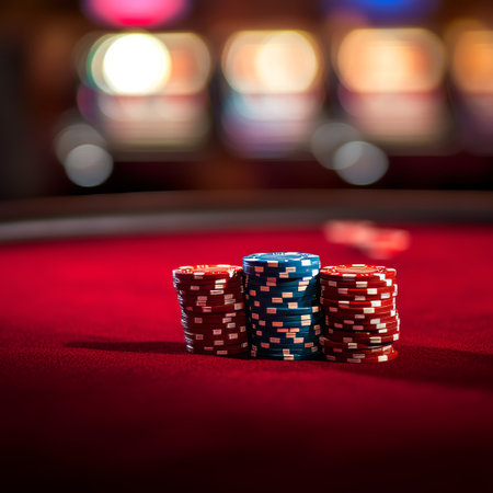 Poker chips on the table in casino. Casino gambling concept.の素材