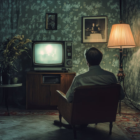 Man watching television in the room. Retro style. Toned imageの素材