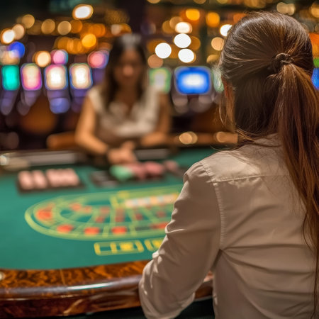 Young woman playing roulette in casino. Selective focus on roulette wheelの素材