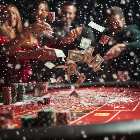 casino, gambling, people and entertainment concept - close up of friends playing roulette at casinoの素材
