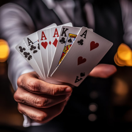 playing cards in the hands of a man in a suit on a dark backgroundの素材