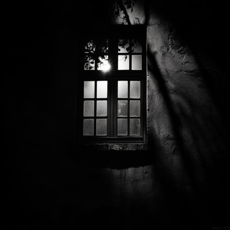 Window in a dark room at night. Black and white photo.の素材