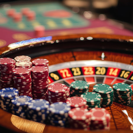 Casino roulette and chips on the table. Close-upの素材