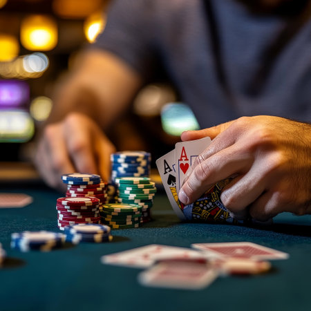 Close up of a young man playing poker at the table in a casinoの素材