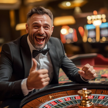 Cheerful mature man is playing roulette in casino. He is showing thumb up and smilingの素材