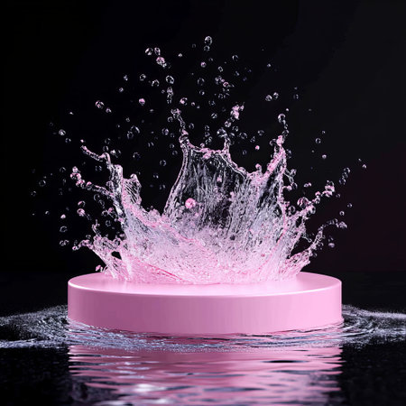 pink podium with water splash on black background. 3d renderingの素材