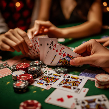 Close-up of female hands with cards and chips on green casino tableの素材
