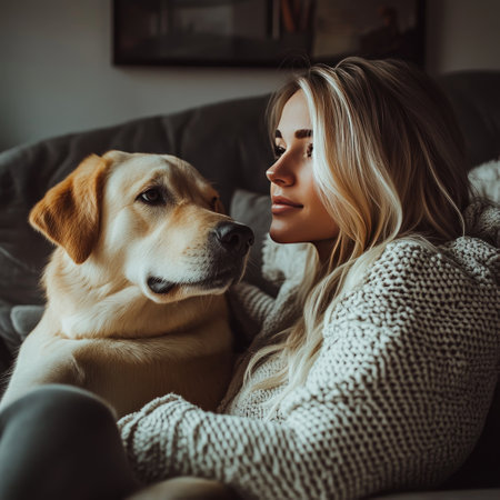 Beautiful young woman with her dog on the sofa at home.の素材