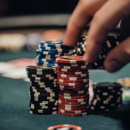 casino, gambling, entertainment and people concept - close up of man playing poker at casinoの素材
