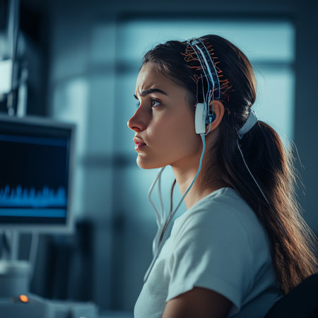 Young woman with headphones listening to music while sitting in front of computer monitor.の素材
