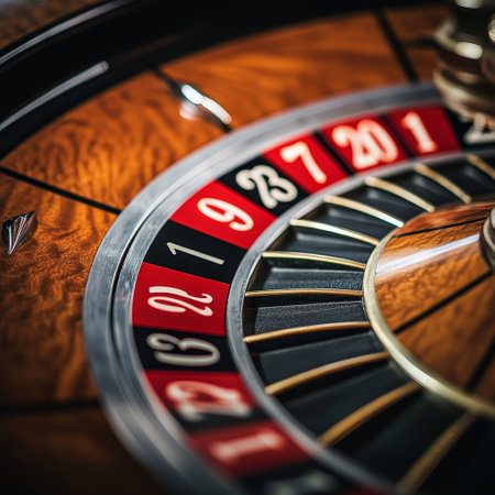Casino roulette wheel on wooden table, close-up.の素材