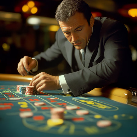 Man playing roulette in casino. Close-up portrait of a caucasian man in a casino.の素材