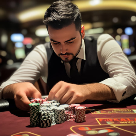 Young man playing roulette in casino. Gambling and poker concept.の素材
