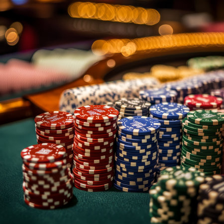 Casino roulette and chips on green table with bokeh backgroundの素材