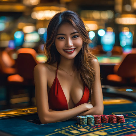 Beautiful young asian woman playing roulette at casino - vintage effectの素材