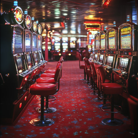 Slot machine in casino. Casino background. Casino slot machines with red seats.の素材