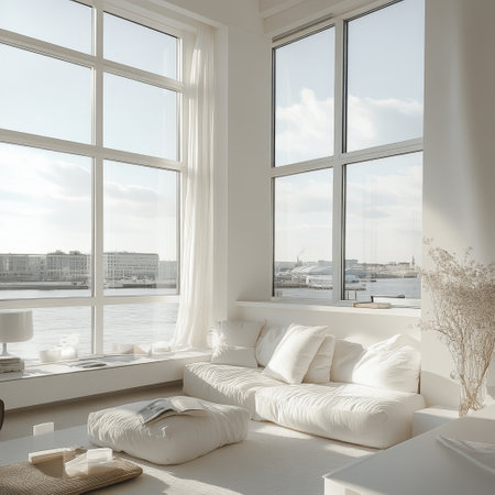 White living room with a large window overlooking the city. 3d renderingの素材