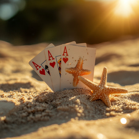 Playing cards and starfish on the sand. The concept of the game of poker.の素材