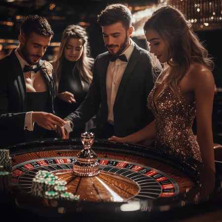 Group of young people playing roulette in casino. Man and woman in casino.の素材