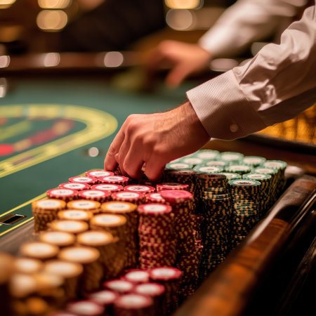 Croupier placing chips on a table in a casino, close-upの素材