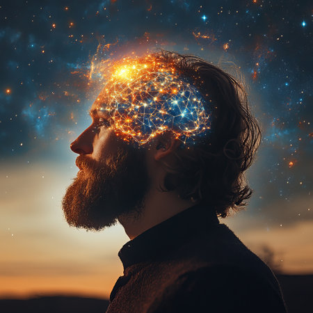 Man with a glowing brain on his head against the background of the night skyの素材