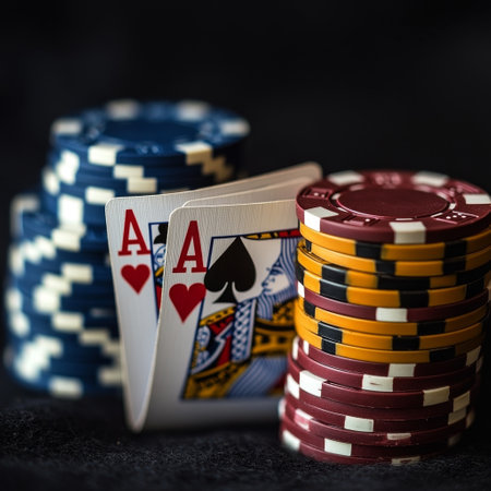 four aces and poker chips on black background, shallow depth of fieldの素材