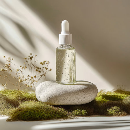 Cosmetic bottle with pipette on white stones and green moss.の素材