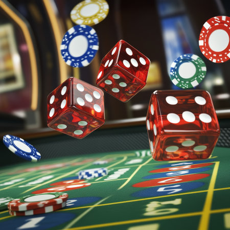 Casino theme with red dice on green table. 3d renderの素材