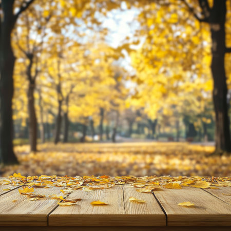 Empty wooden table with autumn leaves over blurred park background. For product displayの素材