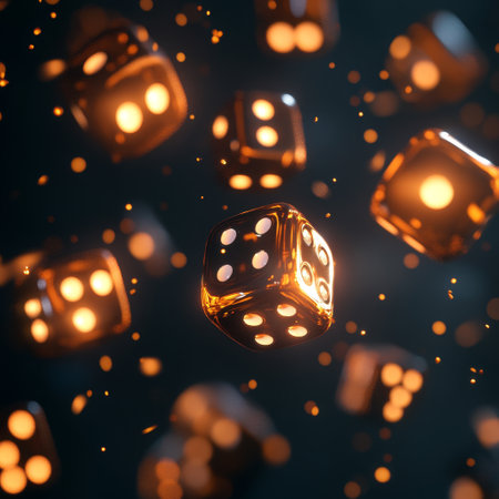 Flying dice with bokeh effect on dark background. 3d renderingの素材