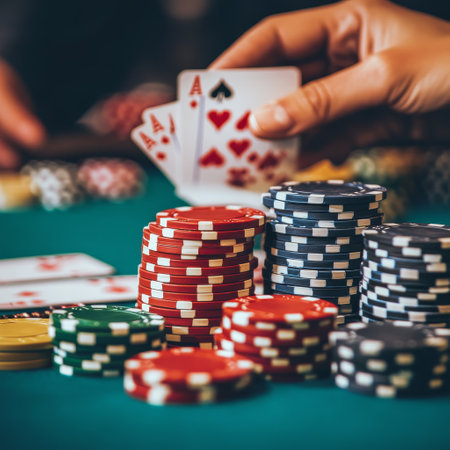 Poker chips and cards on green table in casino. Gambling concept.の素材