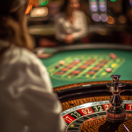 Woman playing roulette in casino. Focus on roulette wheel.の素材