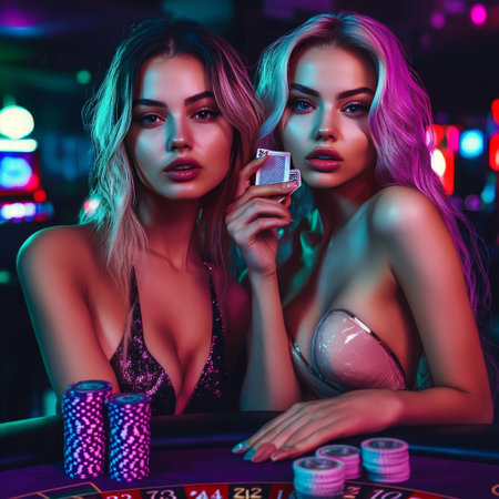 Two beautiful young women playing roulette in casino. Casino theme.の素材