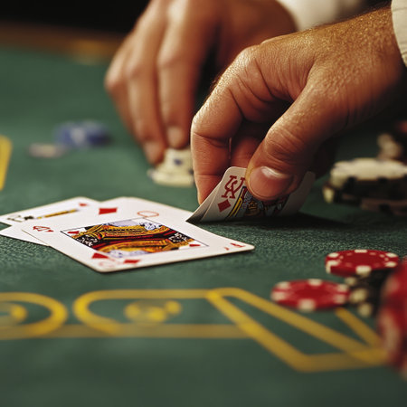Man playing poker at green casino table, closeup of hands.の素材