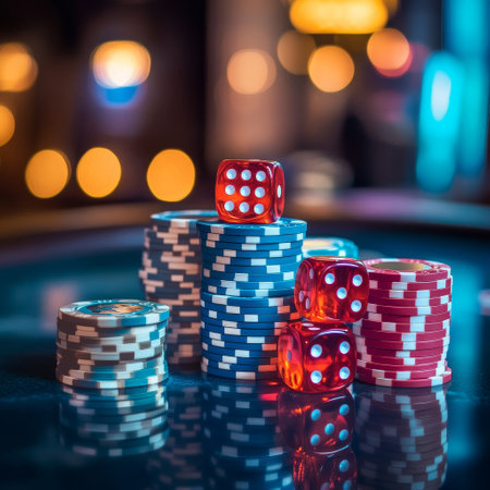 Casino concept. Stack of red and blue casino chips on black table with bokeh backgroundの素材