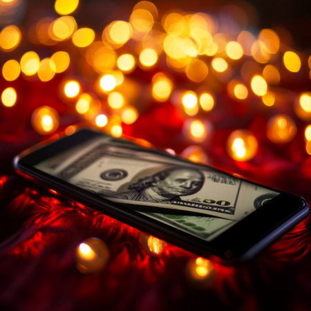 Smartphone with dollar banknotes on bokeh lights background.の素材