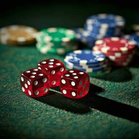Red dices and chips on green casino table. Casino concept.の素材