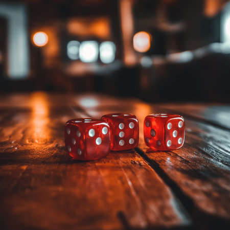 Two red dice on a wooden table in a casino. Bokeh backgroundの素材
