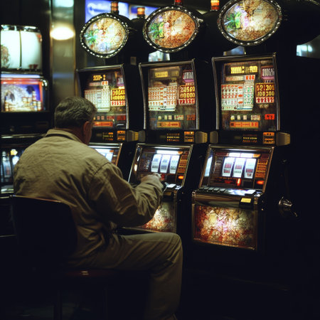 Man playing slot machine in a casino. Retro style toned imageの素材