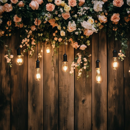 Vintage retro light bulbs decorating the wooden wall with flowers.の素材