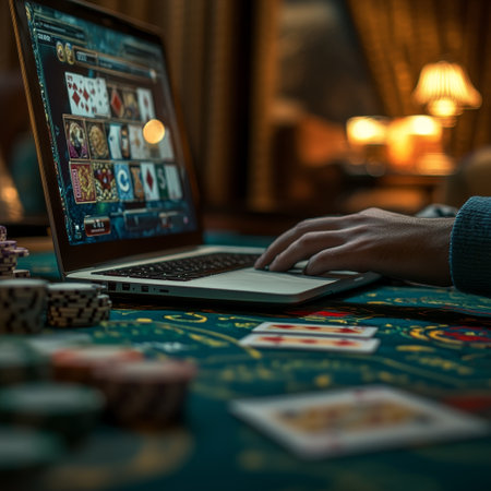Casino gambling. Close-up of a young man playing online poker.の素材
