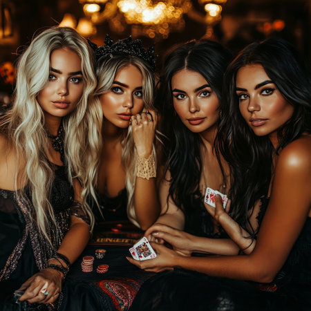 Group of beautiful young women in black lingerie with playing cards.の素材
