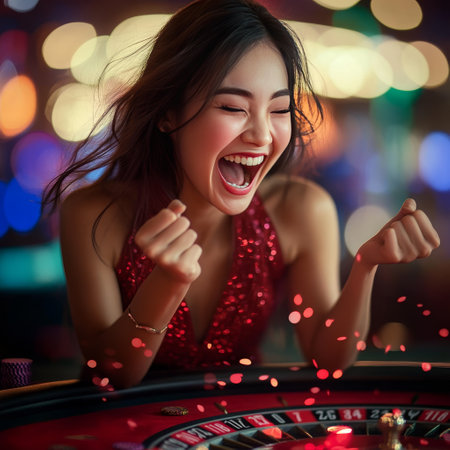 Young woman playing roulette in casino with bokeh background.の素材