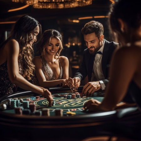 Group of young people playing roulette in casino. Gambling concept.の素材