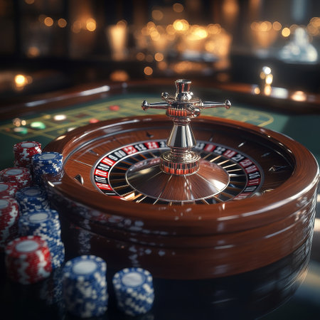 Casino roulette wheel and chips on the table. 3d renderingの素材