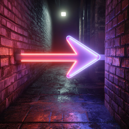 Glowing neon arrow in a dark underground passage. 3D Renderingの素材