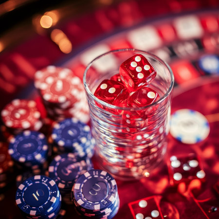 Casino roulette table with red dice, chips and red dicesの素材