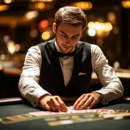 Man playing roulette in casino. Young caucasian man playing poker.の素材