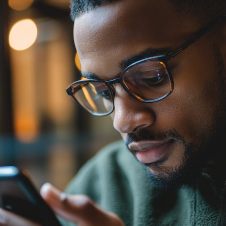 african american man in eyeglasses using smartphone in cafeの素材